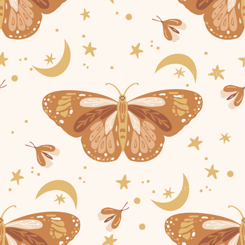 a pattern with a butterfly and stars on a white background