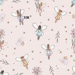 a pink background with a pattern of little fairy girls