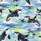 The image is a watercolor painting depicting a group of killer whales leaping out of the water, with a scale indicating their size.
