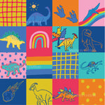 a colorful pattern of dinosaurs and rainbows