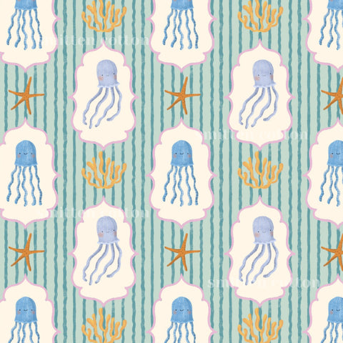 a repeating pattern of blue jellyfish and starfish against a striped background.
