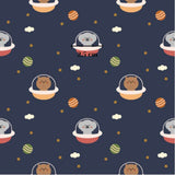 The image is a repeating pattern of cartoon-style illustrations of bears wearing spacesuits and floating in the sky, with planets and stars as the background.