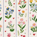 The image is a repeating pattern of various colorful flowers and hearts on a white background.