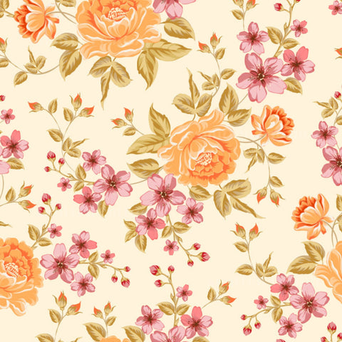 a repeating floral pattern with various types of flowers, including roses, peonies, and other blooms, against a light background.