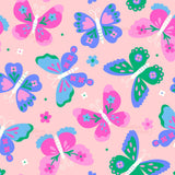 a repeating pattern of colorful butterflies and flowers on a pink background.