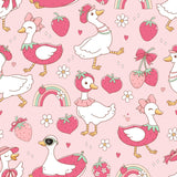 a repeating pattern of cartoon ducks and strawberries in various poses and colors, including pink, white, and green.