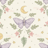 The image is a repeating pattern featuring a purple butterfly, flowers, leaves, and a crescent moon.