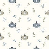 a repeating pattern of cartoon submarine illustrations on a white background.