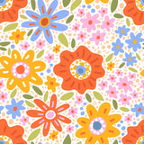 The image is a vibrant and colorful pattern featuring various stylized flowers and leaves in shades of orange, yellow, blue, and pink against a white background.