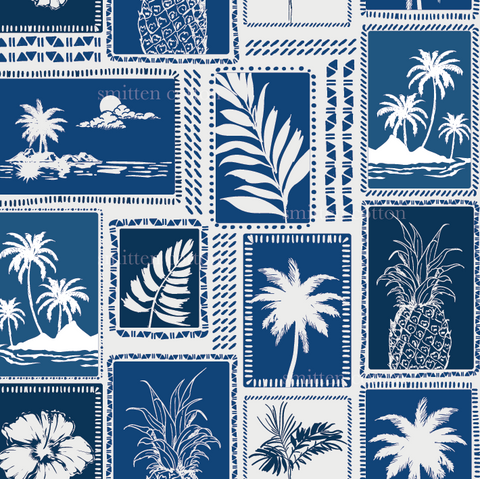 a blue and white pattern with palm trees