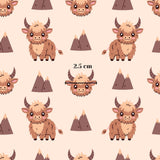 a repeating pattern of cartoon-style animals, including bison and mountain peaks, with a scale indicating the size of the pattern.