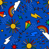 The image is a vibrant and colorful pattern featuring various geometric shapes and symbols, including sun, lightning bolts, rainbows, stars, and lightning bolts, all set against a bright blue background.