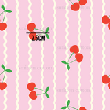 a pink striped wallpaper with cherries on it