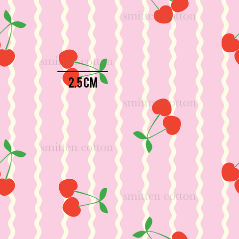 a pink striped wallpaper with cherries on it