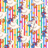 The image is a repeating pattern of cartoon ducks holding drinks, with a background of colorful stripes and stars.