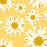 a repeating pattern of stylized white daisy flowers against a yellow background.