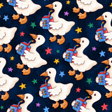 The image is a repeating pattern of cartoon ducks holding juice boxes, surrounded by colorful stars against a dark blue background.