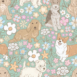 The image is a repeating pattern of various dog breeds, including a Corgi, a Dachshund, and a Cocker Spaniel, surrounded by colorful flowers and foliage.