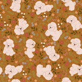 a repeating pattern of small white poodle dogs against a background of colorful flowers and leaves.