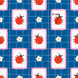 The image is a repeating pattern of pink and white frames with red ladybugs and white flowers on a blue background.