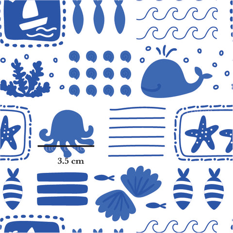 a blue and white pattern with a whale, starfish, and seaweed