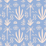 a blue and pink pattern with a palm tree