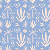 a blue and pink pattern with a palm tree