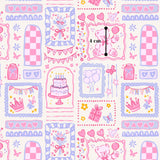 The image is a collage of various colorful and whimsical illustrations, including a cake, balloons, hearts, and other decorative elements, all set against a pink and blue background.