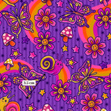 The image is a vibrant and whimsical pattern featuring various colorful elements such as butterflies, flowers, mushrooms, and stars. The overall design is playful and imaginative, with a focus on bright colors and organic shapes.