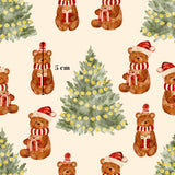 a repeating pattern of brown teddy bears wearing Santa hats and scarves, with a Christmas tree in the center. The teddy bears are arranged in a grid-like pattern, and there is a measurement scale indicating the size of the teddy bears in the image.