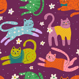 The image is a vibrant and whimsical pattern featuring a variety of cats in different colors and poses, including one wearing a sweater and another with a bow tie. The cats are surrounded by flowers, creating a lively and playful atmosphere.