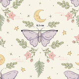 The image is a repeating pattern featuring a butterfly, flowers, leaves, and a crescent moon. The butterfly is the central focus, surrounded by various floral and leaf motifs. The pattern includes a measurement scale indicating the size of the butterfly, with the text "6.5 cm" visible.