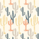 a repeating pattern of stylized cacti in various shades of orange, blue, and gray against a light background.