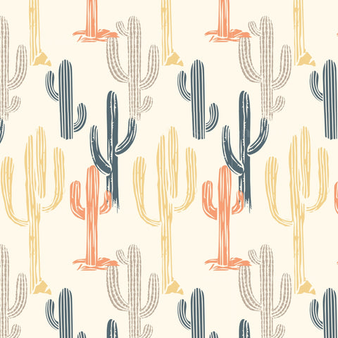 a repeating pattern of stylized cacti in various shades of orange, blue, and gray against a light background.