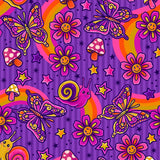 The image is a vibrant and whimsical pattern featuring a variety of colorful butterflies, flowers, mushrooms, and stars against a purple background.
