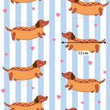 The image is a repeating pattern of cartoon-style hot dogs on a blue and white striped background, with hearts scattered throughout.