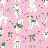 a repeating pattern of stylized illustrations of dogs, including poodles and terriers, against a pink background with stars.