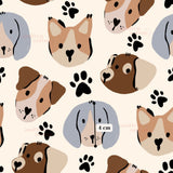 a repeating pattern of stylized dog faces and paw prints on a light background.