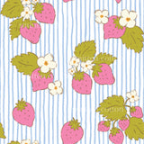 a pattern of strawberries and flowers on a blue and white striped background