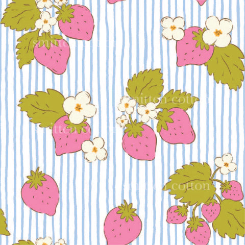 a pattern of strawberries and flowers on a blue and white striped background