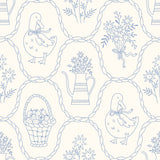 The image is a repeating pattern of various objects and scenes, including ducks, flowers, baskets, and vases, all enclosed within circular frames.
