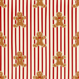 a repeating pattern of gingerbread man cookies against a striped background.
