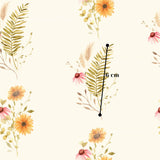 a repeating pattern of various flowers and leaves, including sunflowers and ferns, against a light background.