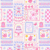 The image is a repeating pattern of various birthday-themed elements, including a cake, balloons, a teddy bear, and other decorative items, all in a pastel color palette of pink, blue, and white.