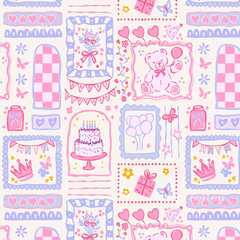 The image is a repeating pattern of various birthday-themed elements, including a cake, balloons, a teddy bear, and other decorative items, all in a pastel color palette of pink, blue, and white.