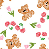 a repeating pattern of teddy bears and flowers, including cherries and pink flowers, against a white background.