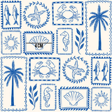 a blue and white drawing of stamps with sea animals and palm trees