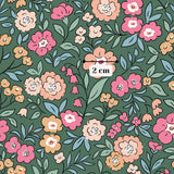 The image is a vibrant and colorful floral pattern with various types of flowers and leaves. The flowers are depicted in shades of pink, orange, and yellow, while the leaves are depicted in shades of green and blue. The pattern is filled with a variety of flowers and leaves, creating a lively and visually appealing design.