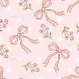 a repeating pattern of pink bows and flowers against a light pink background with white polka dots.