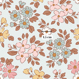 a repeating pattern of colorful flowers and leaves on a light background.